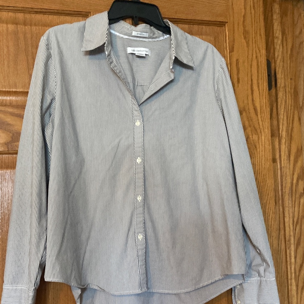 Liz Claiborne Gray and White Striped stretch Button Down Shirt